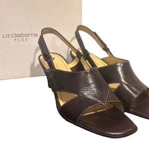 Liz Claiborne flex Tasha brown leather, low chunky heel sandal sling back 8.5